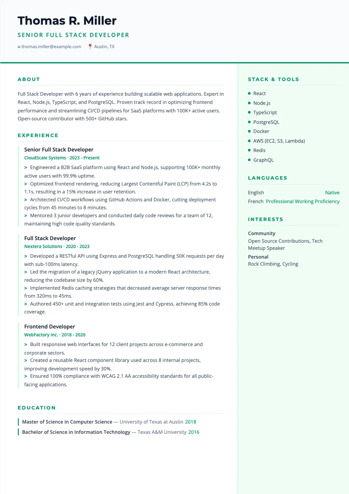 Full Stack Developer Resume Example for 2026