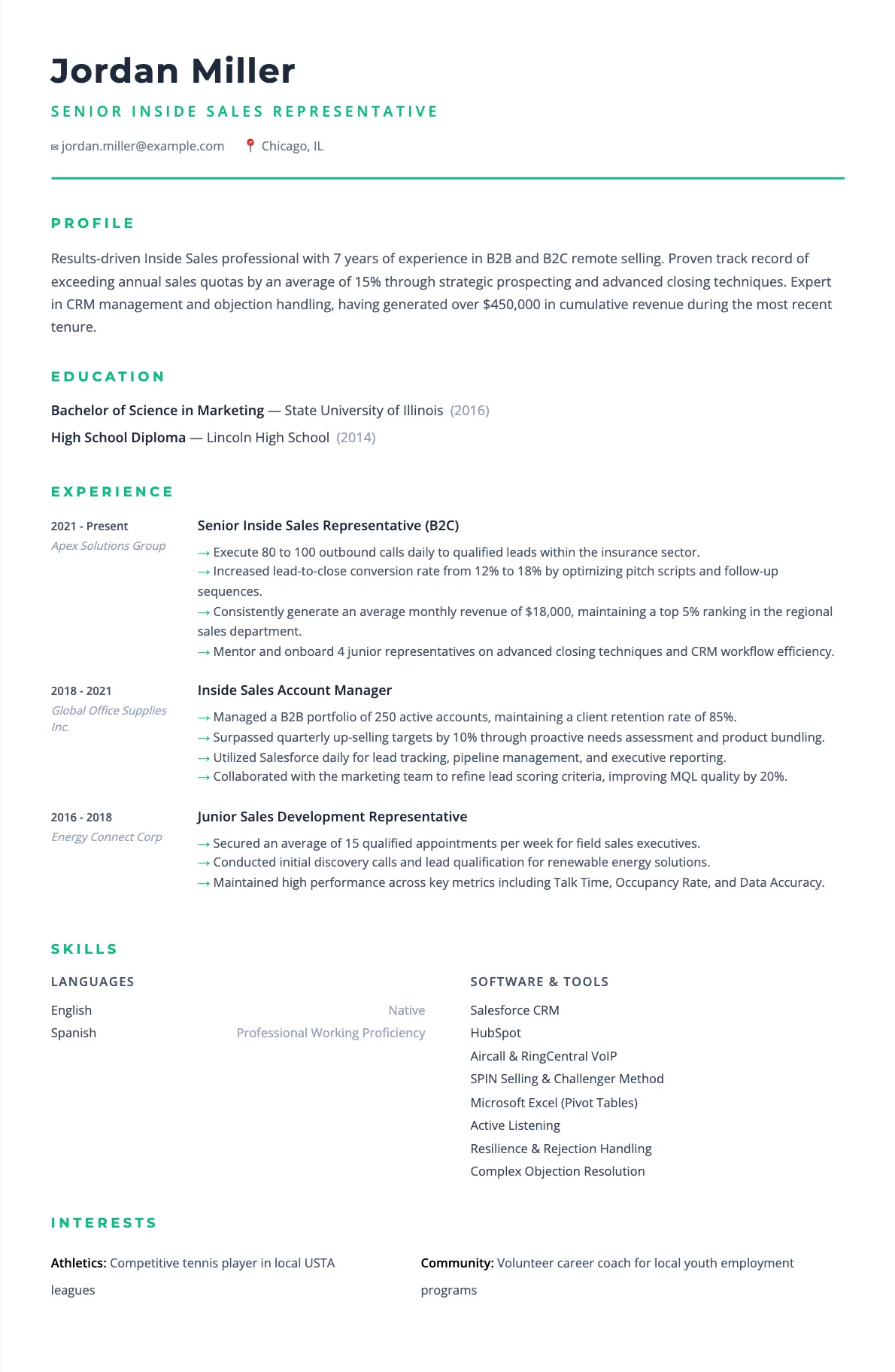Inside Sales Representative Resume Example 2026
