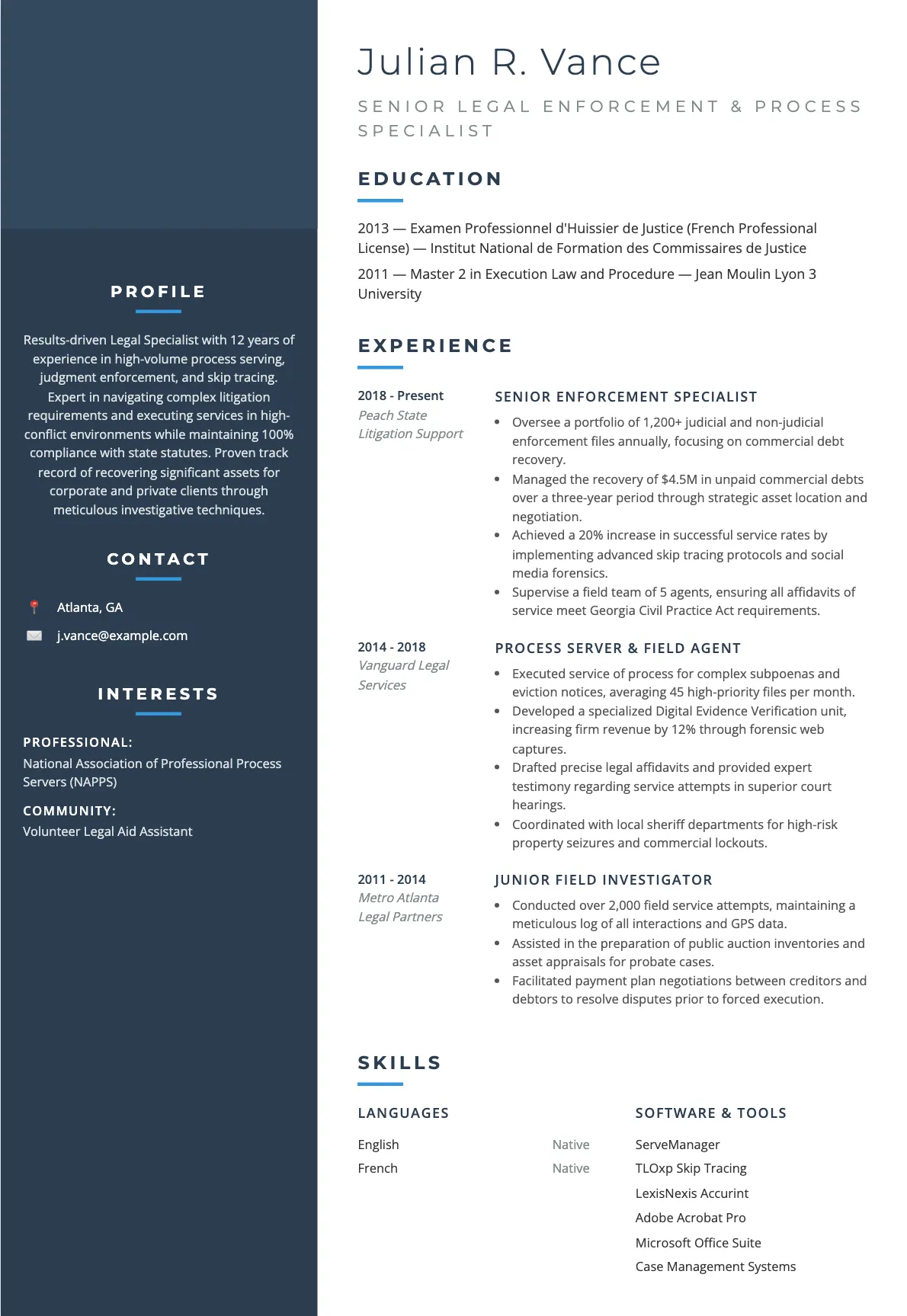 Legal Enforcement Specialist Resume Example