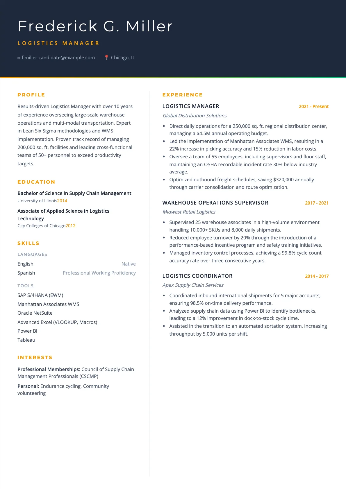 Logistics Manager Resume Example for 2026