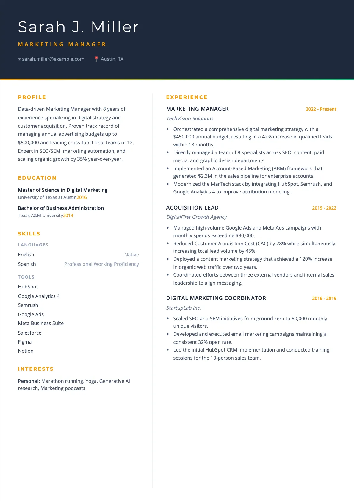 Marketing Manager Resume Example and Guide for 2026