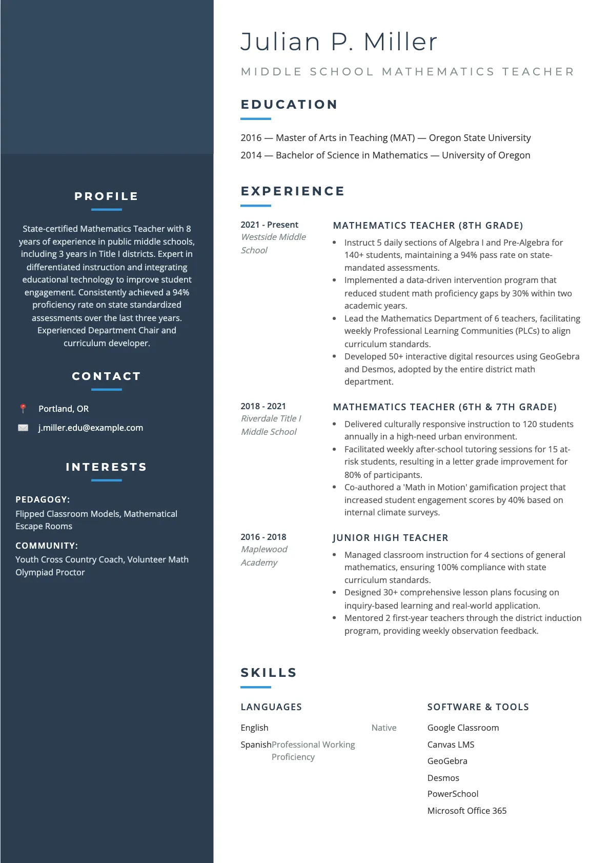Middle School Mathematics Teacher Resume Example