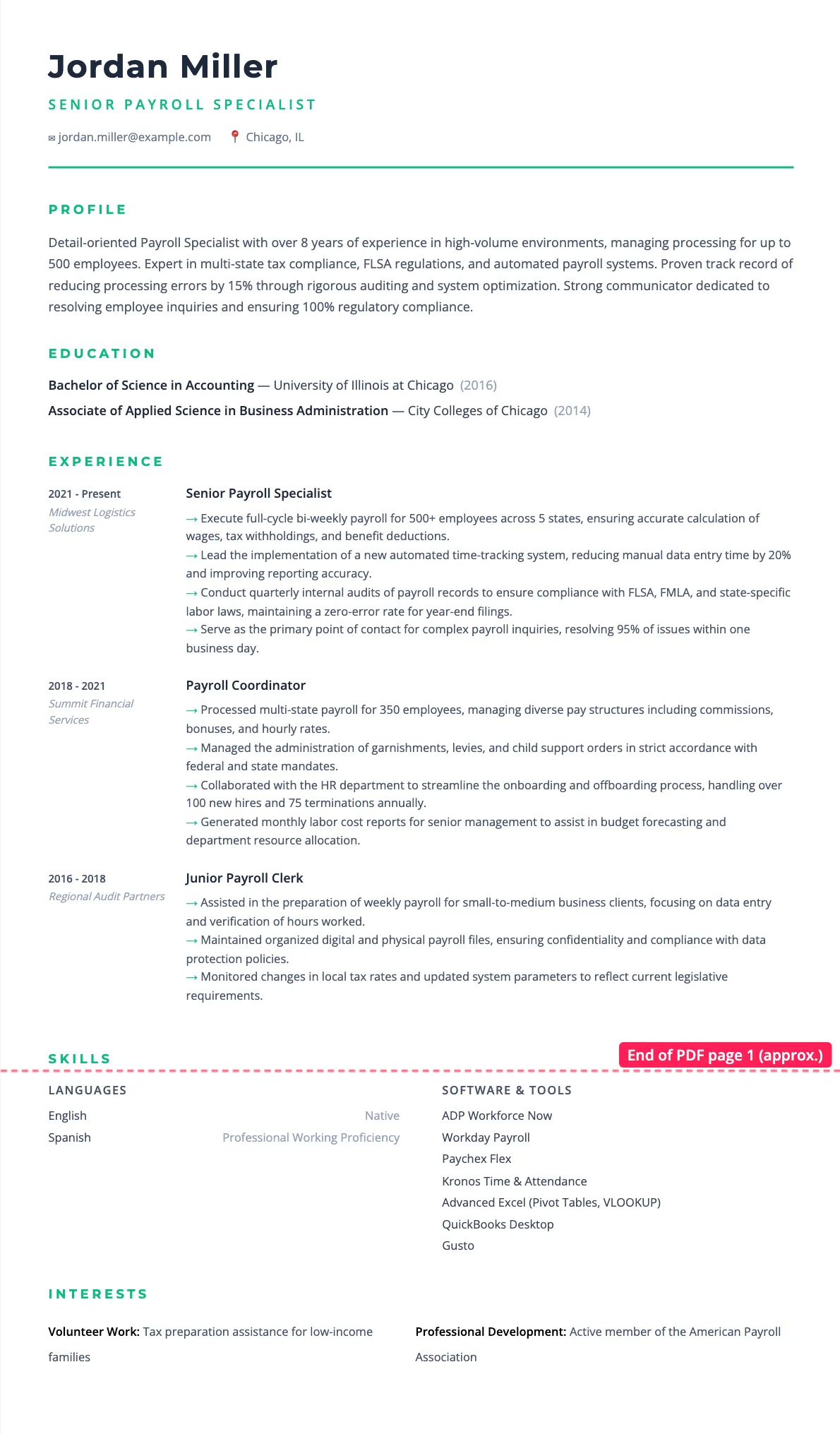 Payroll Specialist Resume Example for 2026