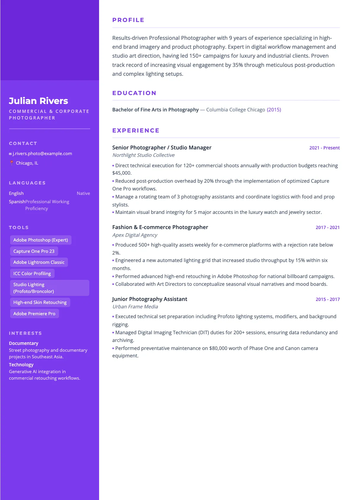 Professional Photographer Resume Example 2026