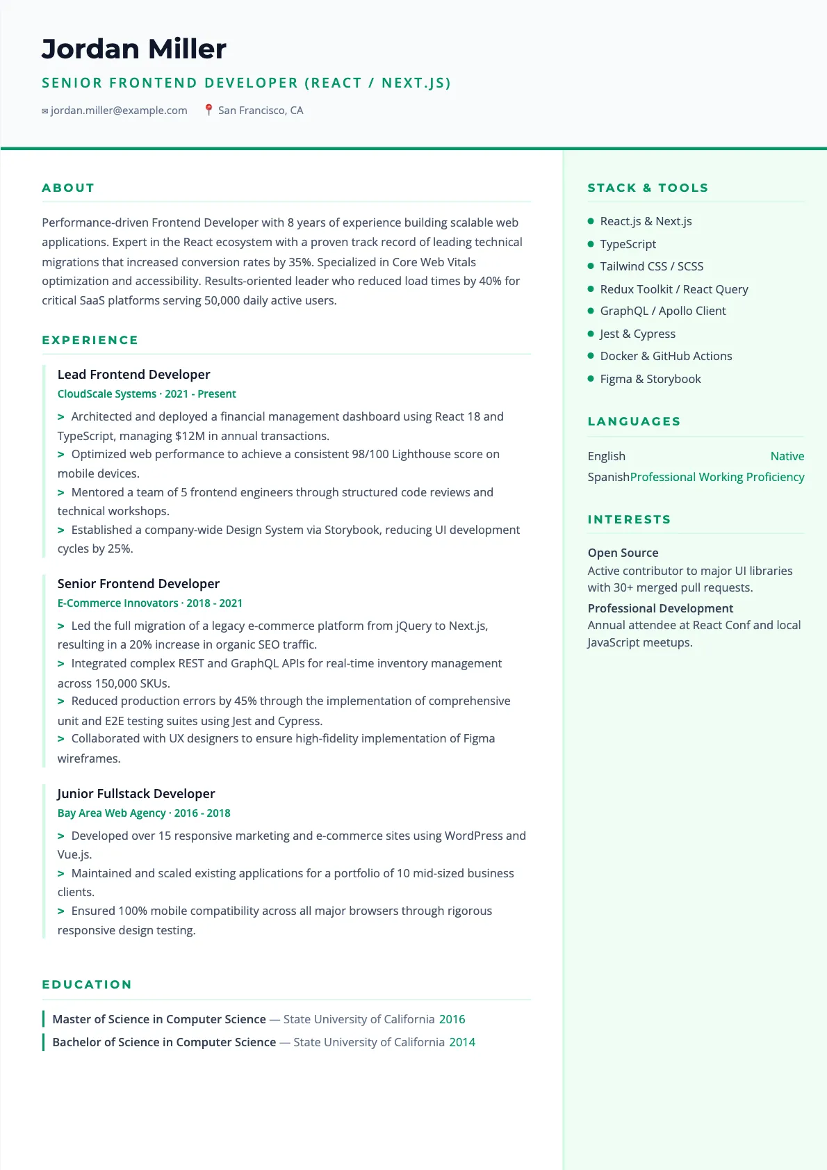 Senior Frontend Developer Resume Example for 2026