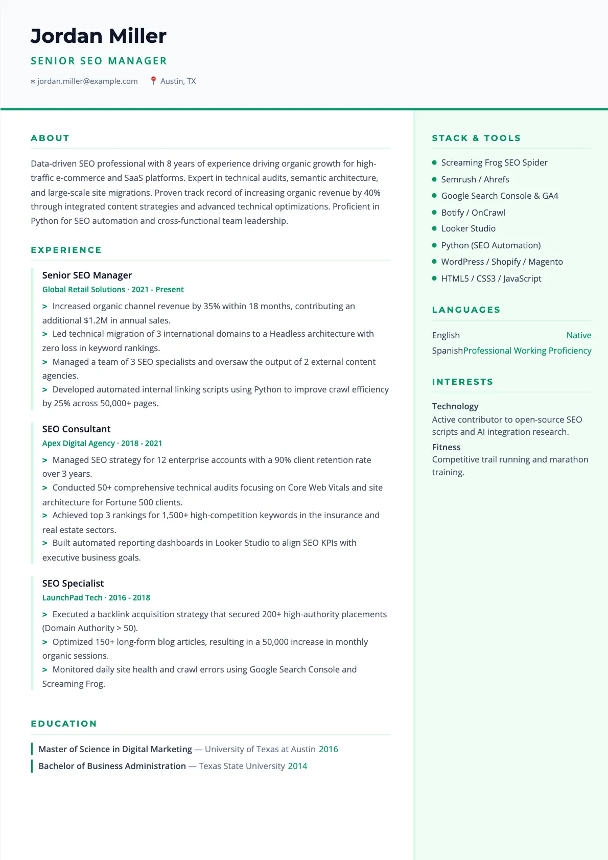 SEO Manager Resume Example and Guide for 2026