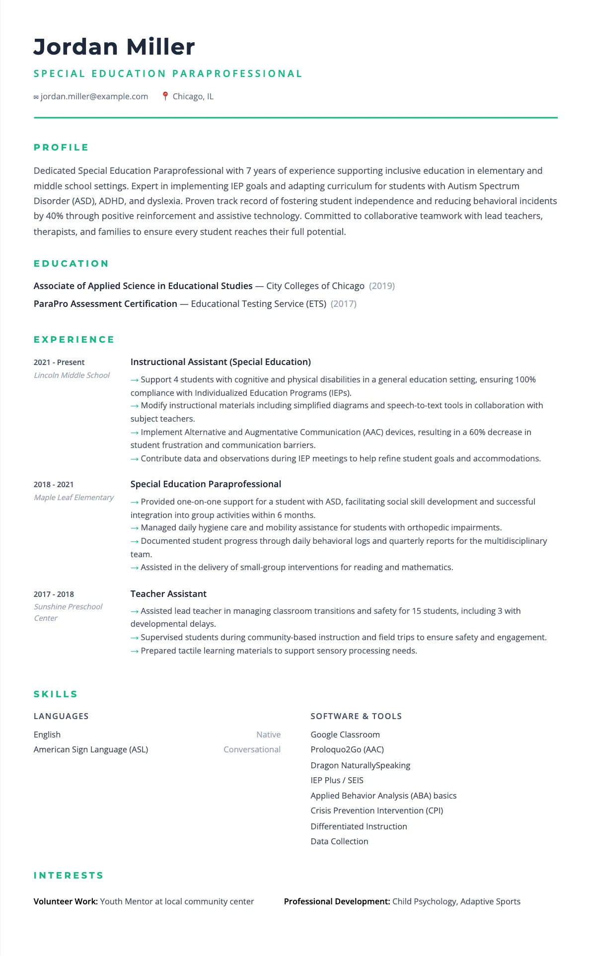 Special Education Paraprofessional Resume Example