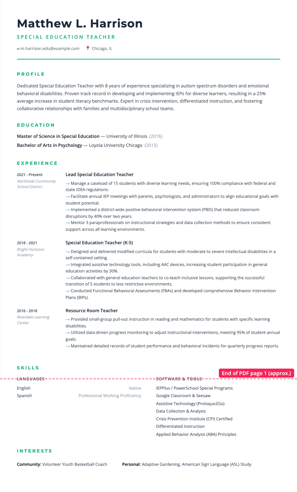 Special Education Teacher Resume Example 2026