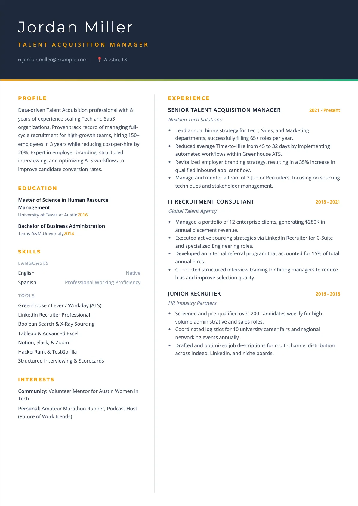 Talent Acquisition Manager Resume Example 2026