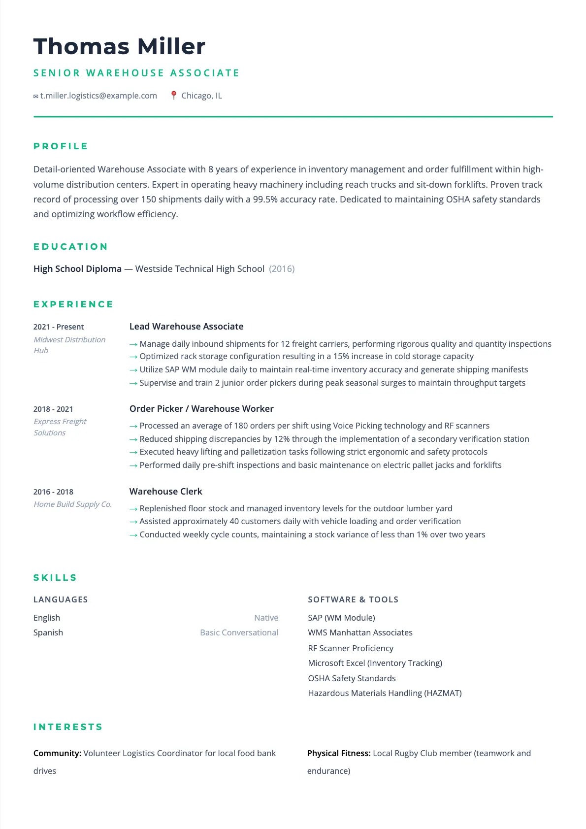 Warehouse Associate Resume Example 2026