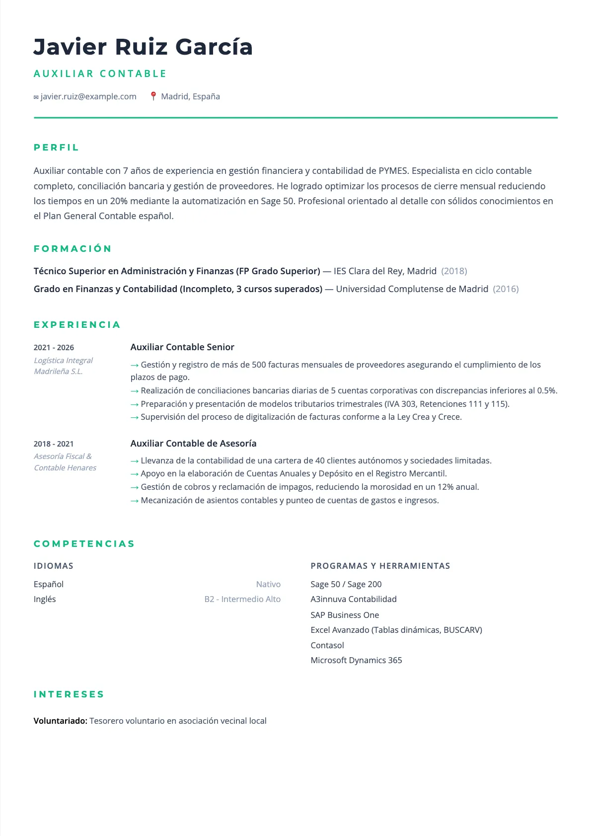 CV de auxiliar contable: ejemplo 2026, formación y experiencia