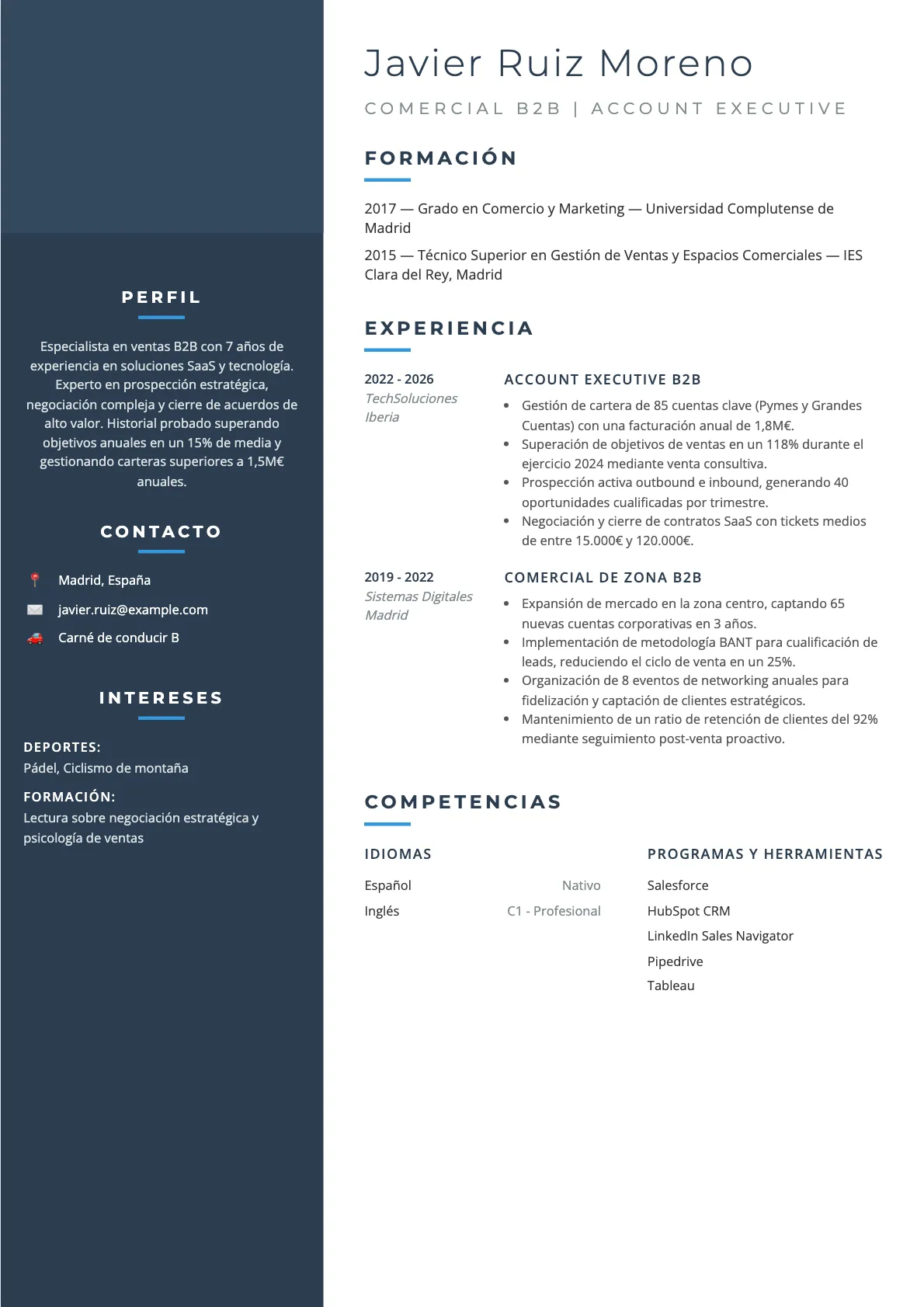 Ejemplo de CV de Comercial B2B 2026