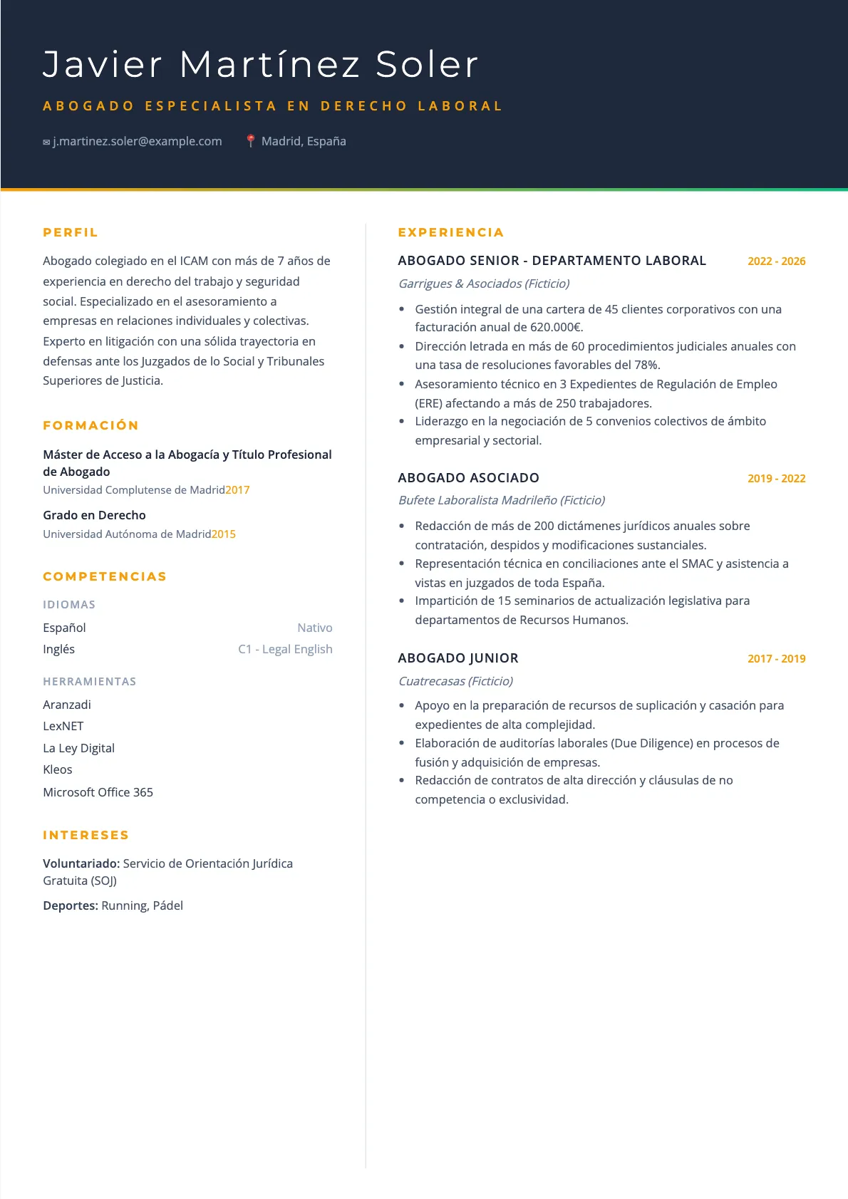 Ejemplo de CV de Abogado 2026