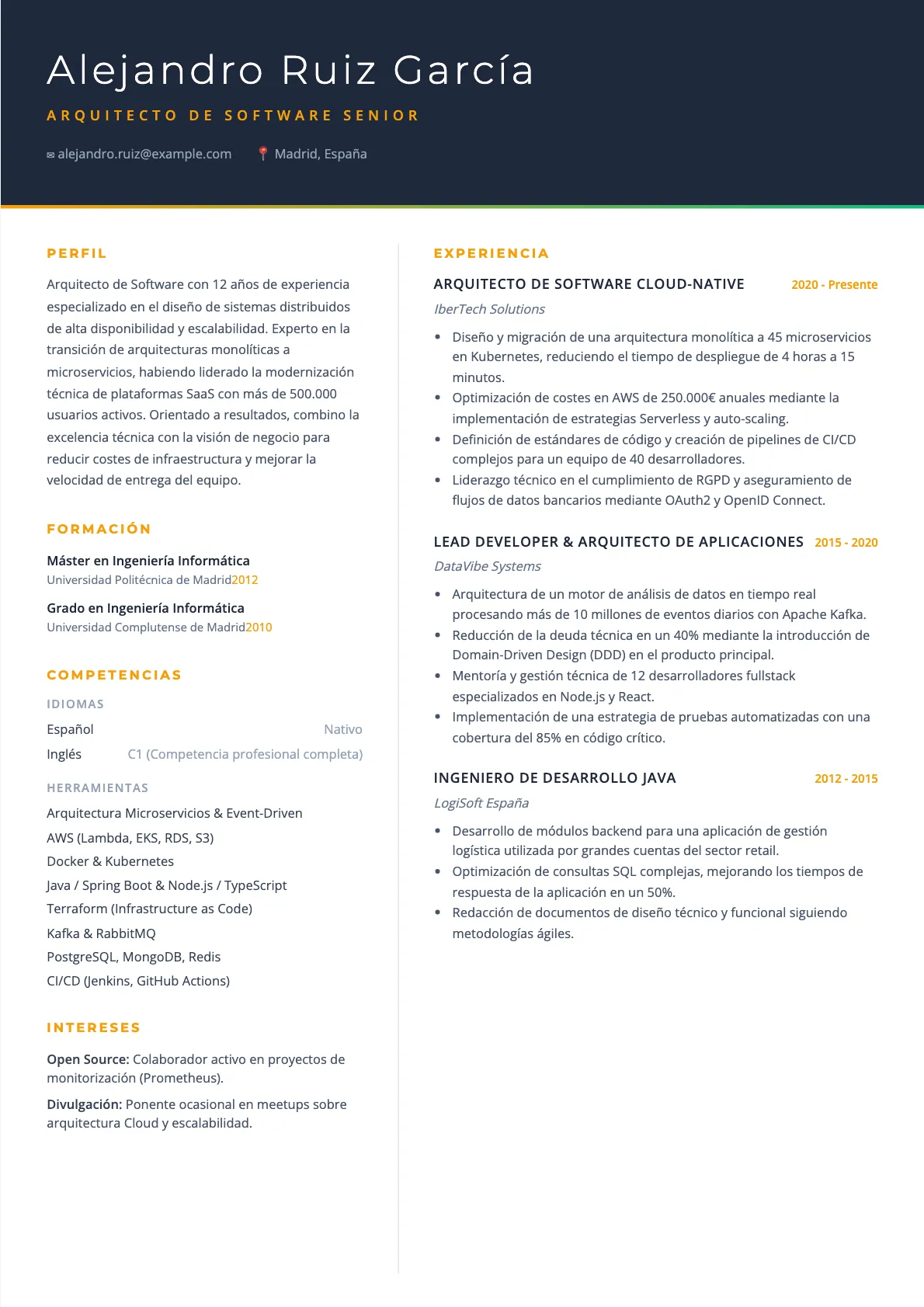 Ejemplo de CV de Arquitecto de Software 2026
