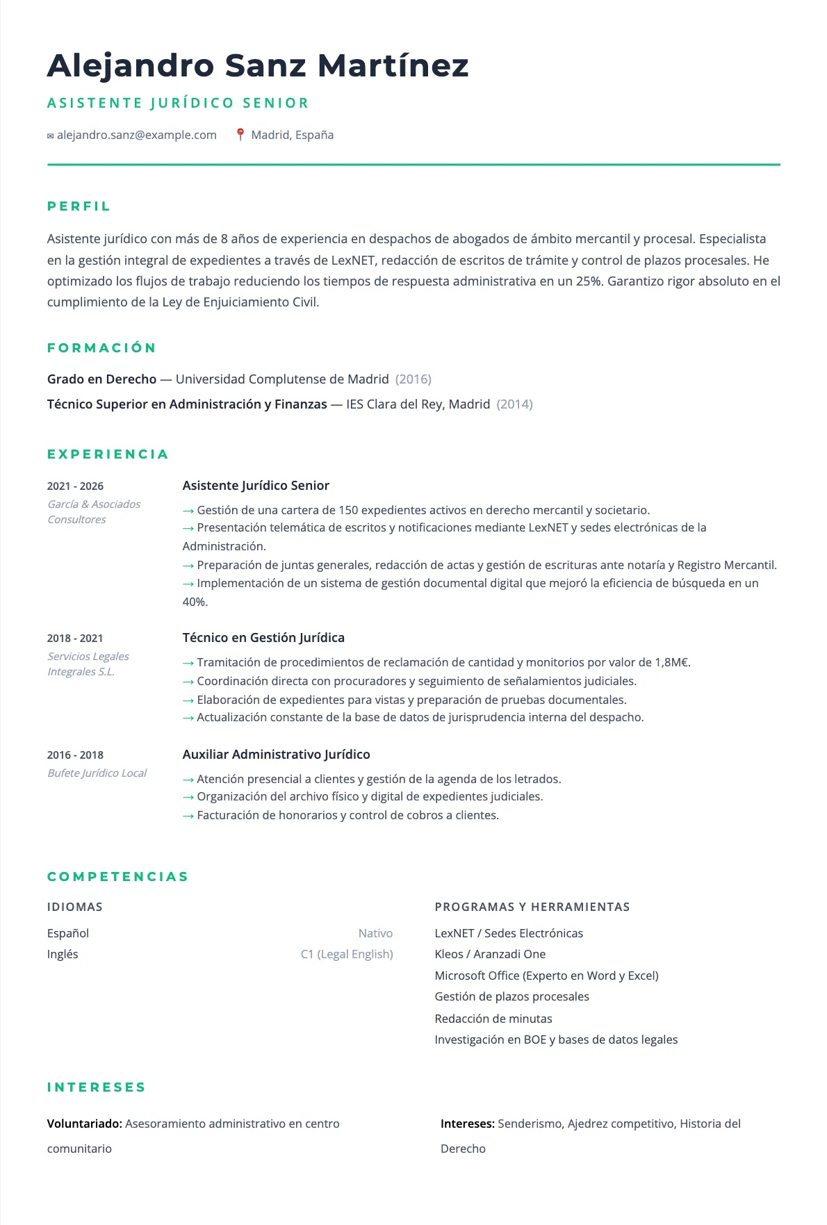 Ejemplo de CV de Asistente Jurídico 2026