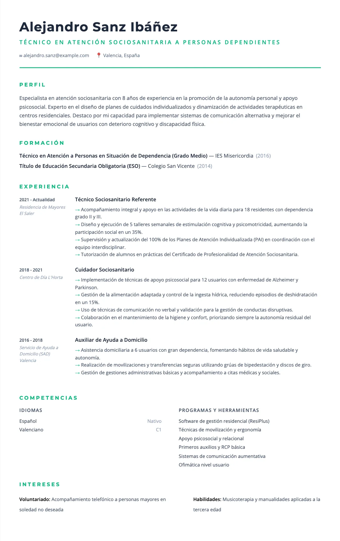 Ejemplo de CV de Atención Sociosanitaria a Personas Dependientes