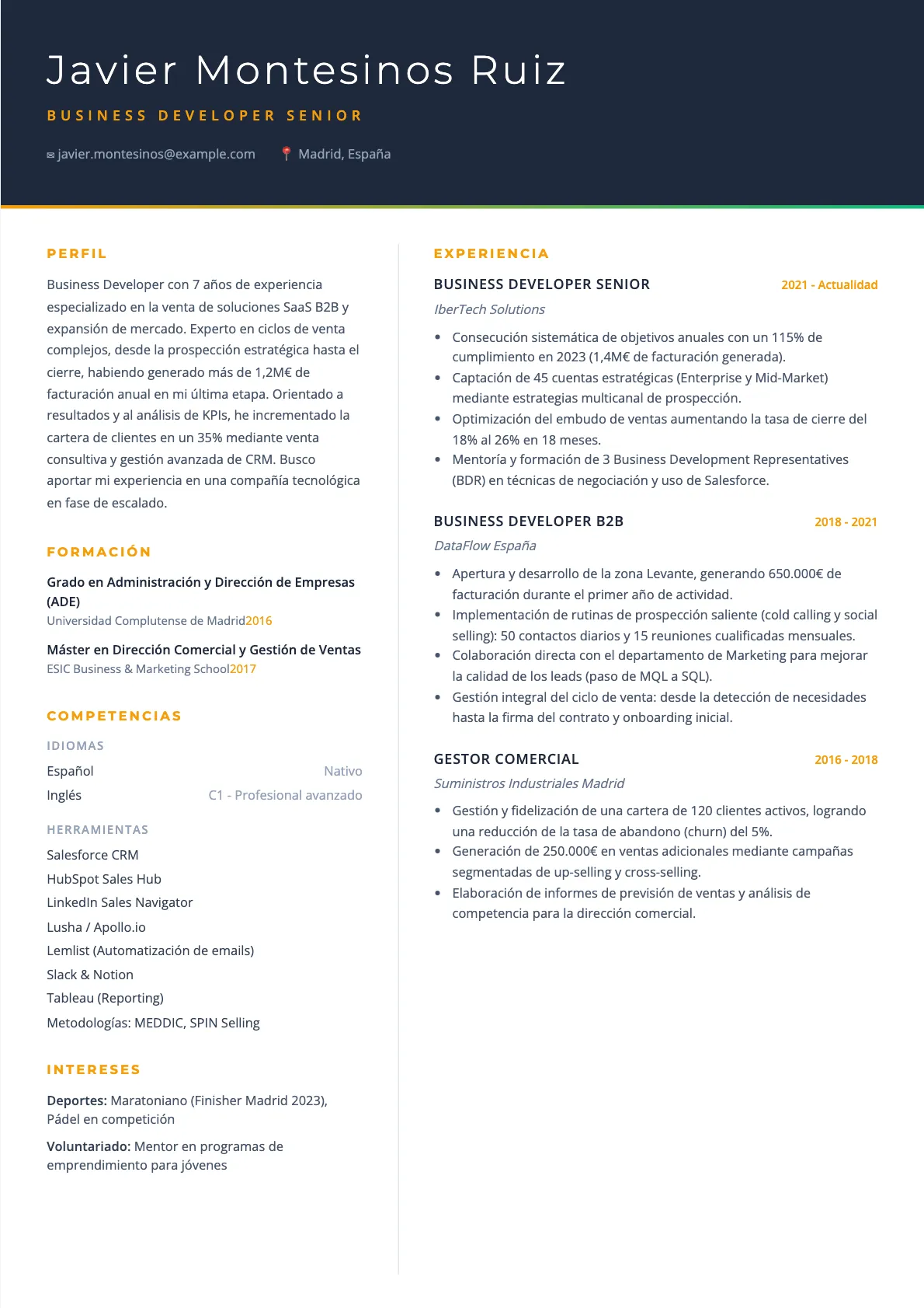 Ejemplo de CV de Business Developer 2026