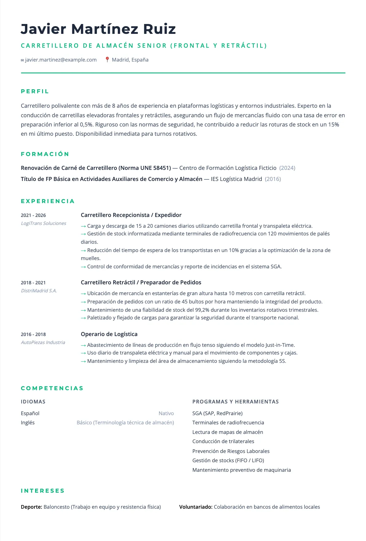 Ejemplo de CV de Carretillero 2026
