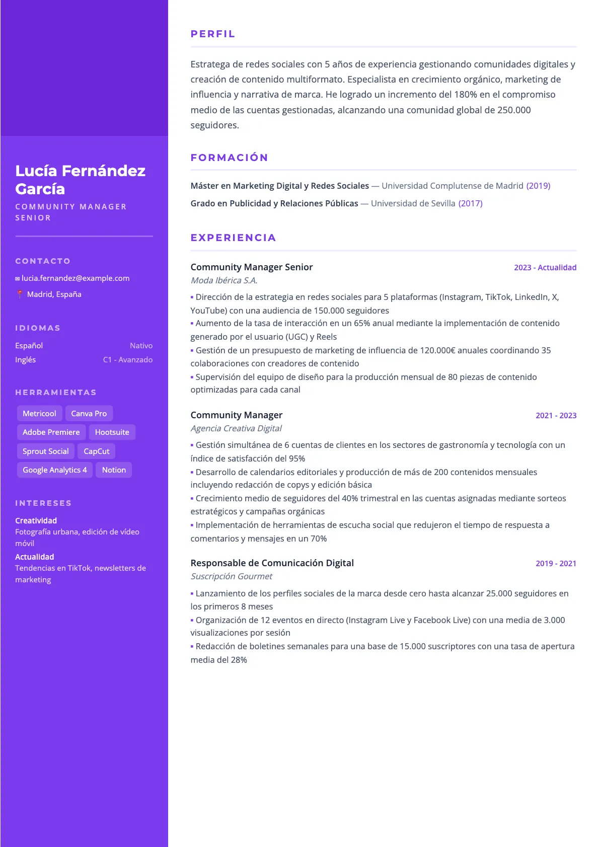 Ejemplo de CV de Community Manager 2026