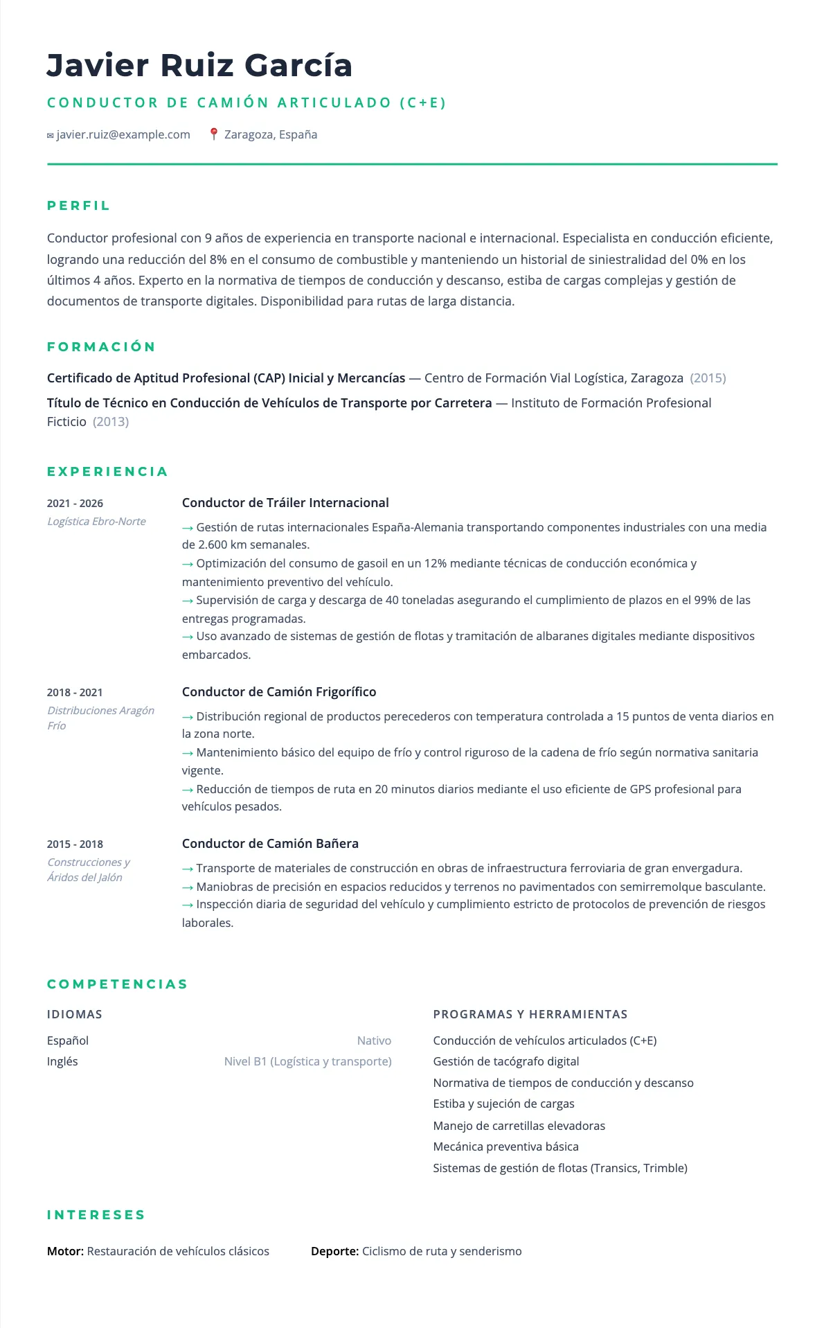 Ejemplo de CV Conductor de Camión Articulado (C+E) 2026