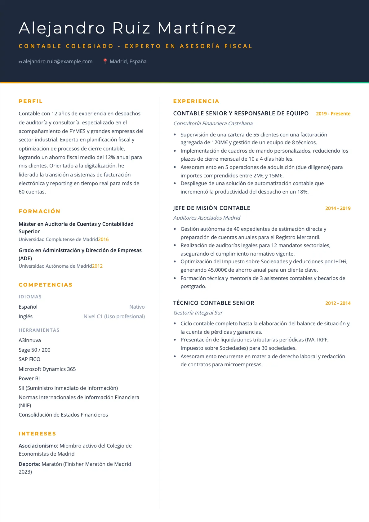 Ejemplo de CV de Contable Colegiado 2026