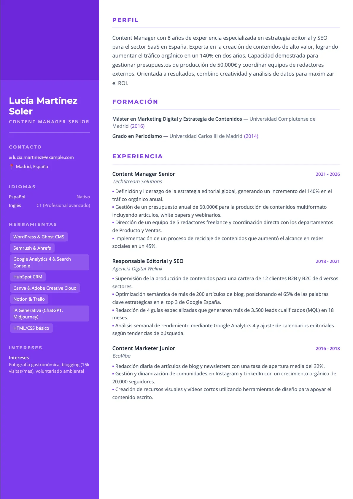 Ejemplo de CV de Content Manager 2026
