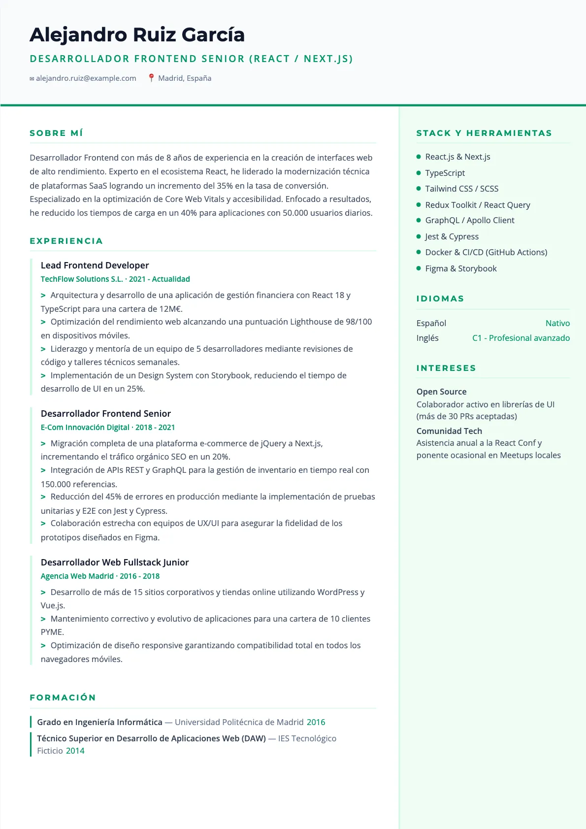 Ejemplo de CV de Desarrollador Frontend 2026