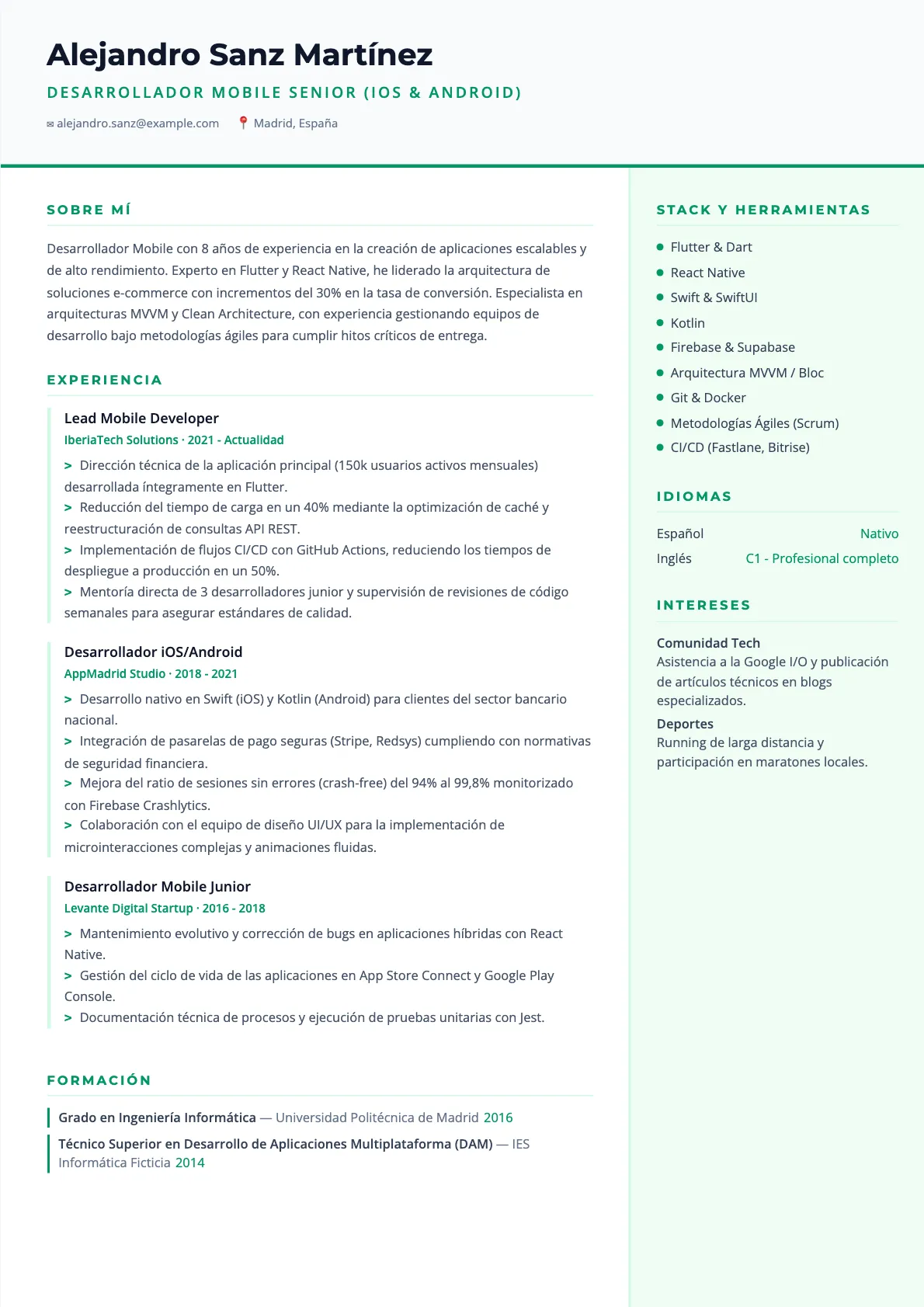 Ejemplo de CV de Desarrollador Mobile 2026