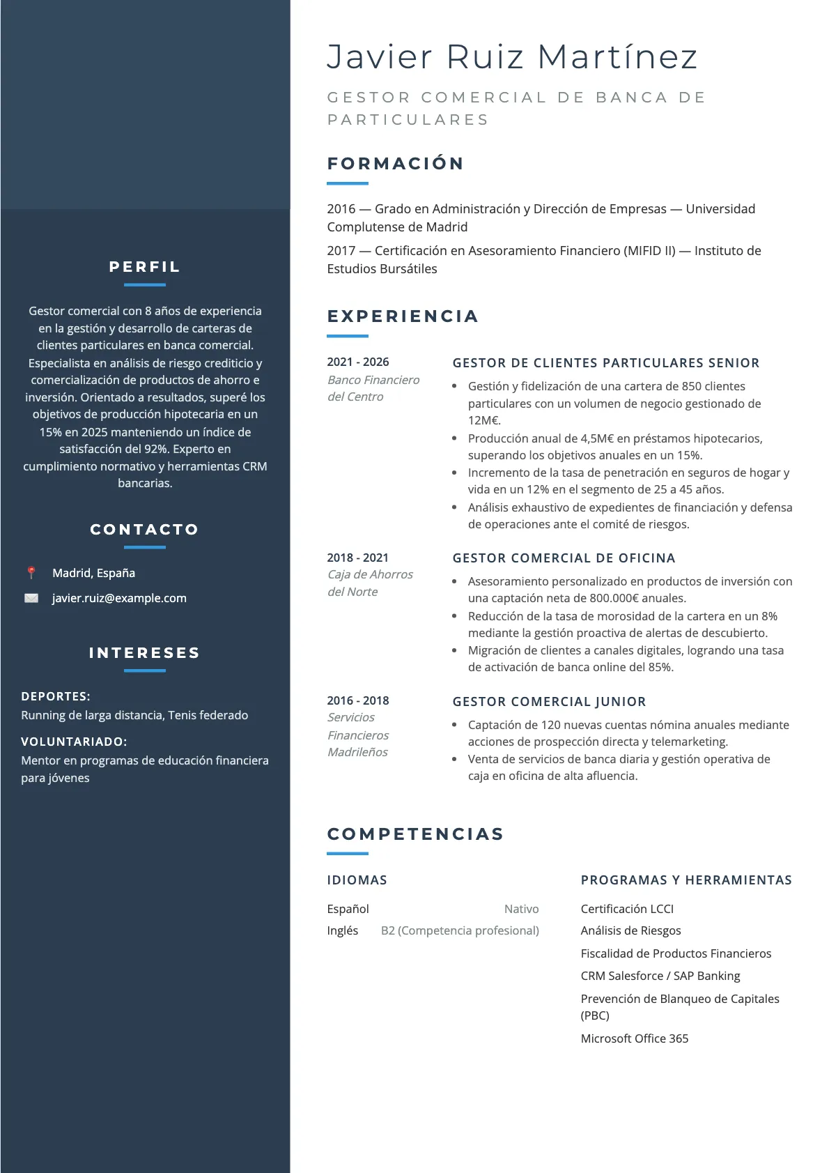 Ejemplo de CV de Gestor Comercial de Banca 2026