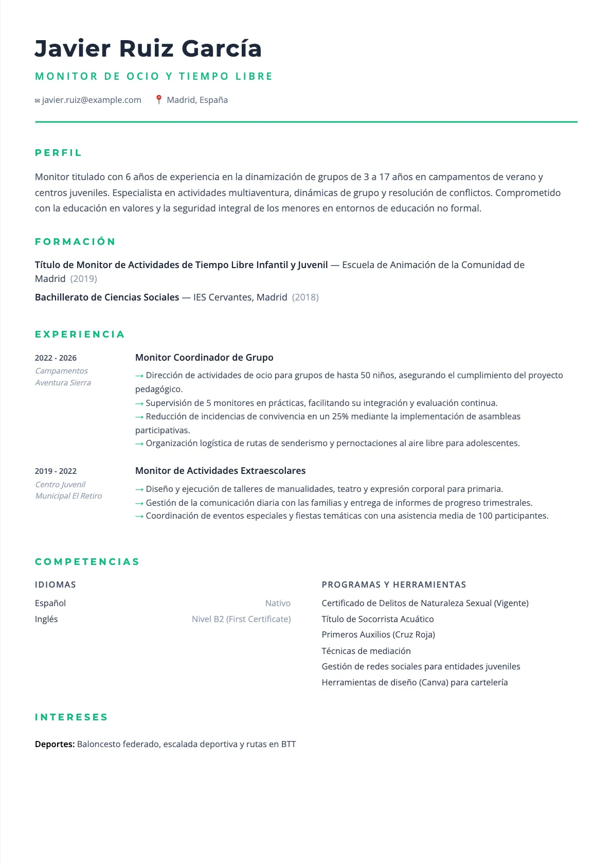 CV de Monitor de Ocio y Tiempo Libre: Ejemplo y Guía 2026