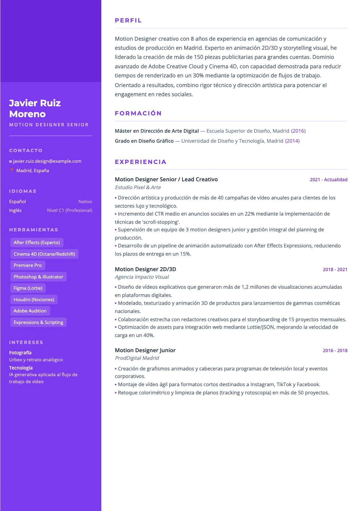 Ejemplo de CV de Motion Designer en 2026