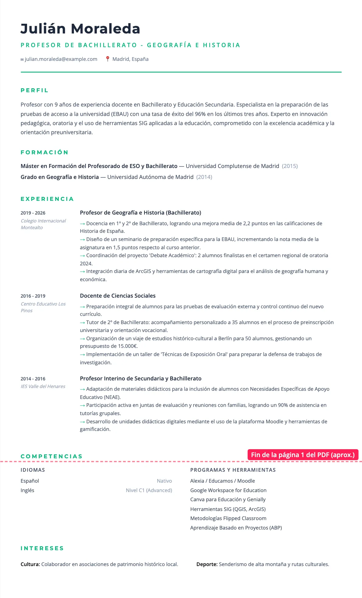 Ejemplo de CV para Profesor de Bachillerato 2026