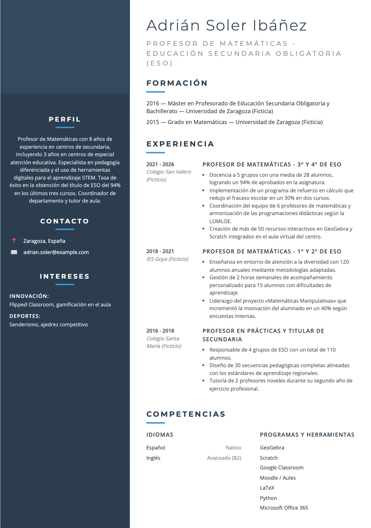 Ejemplo de CV de Profesor de Matemáticas en ESO 2026