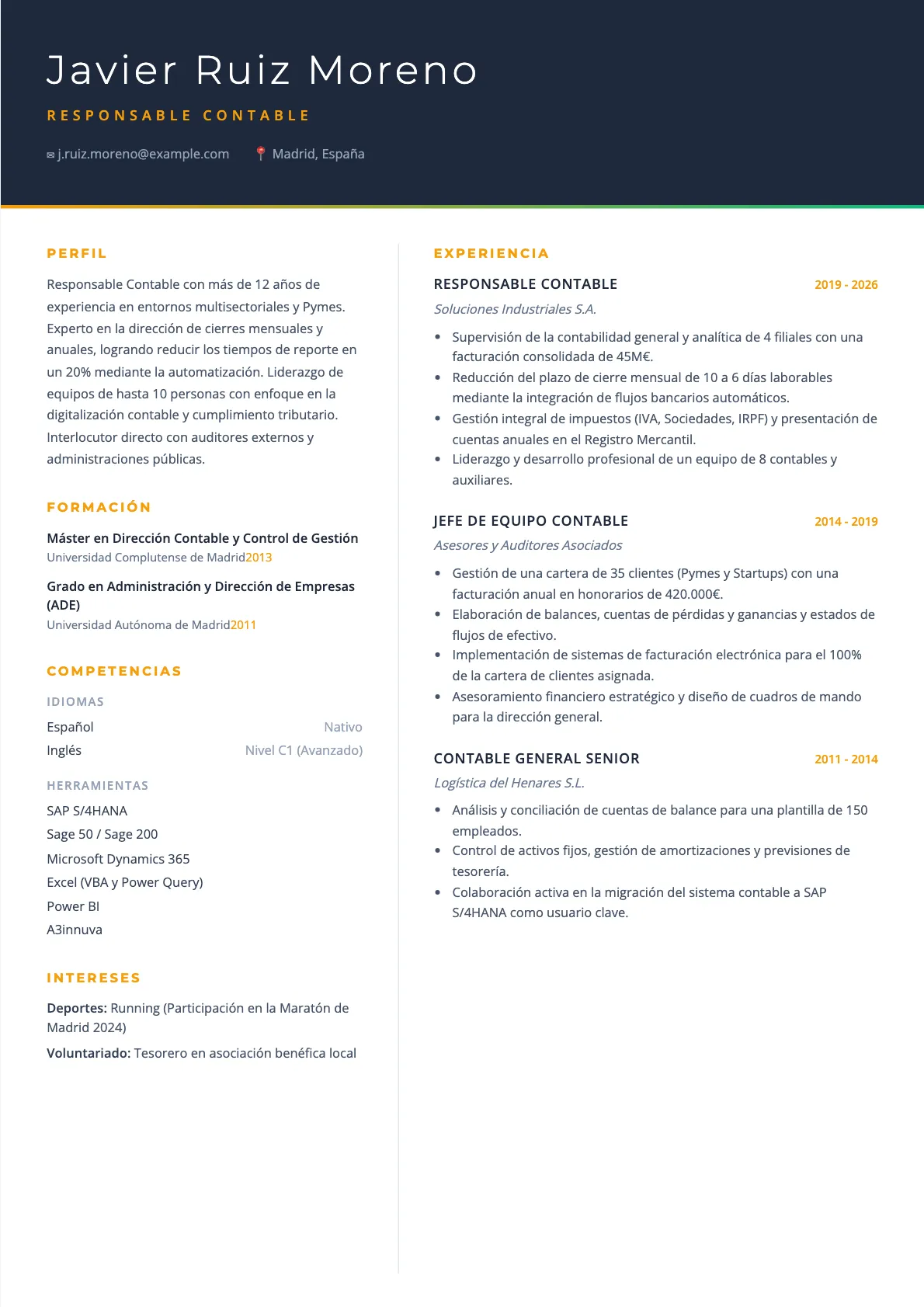 Ejemplo de CV de Responsable Contable 2026