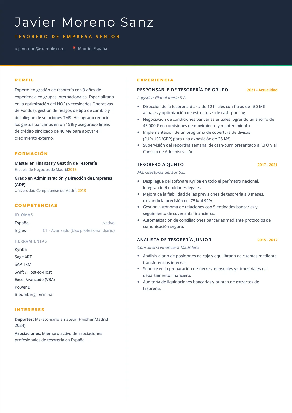 Ejemplo de CV de Tesorero de Empresa 2026