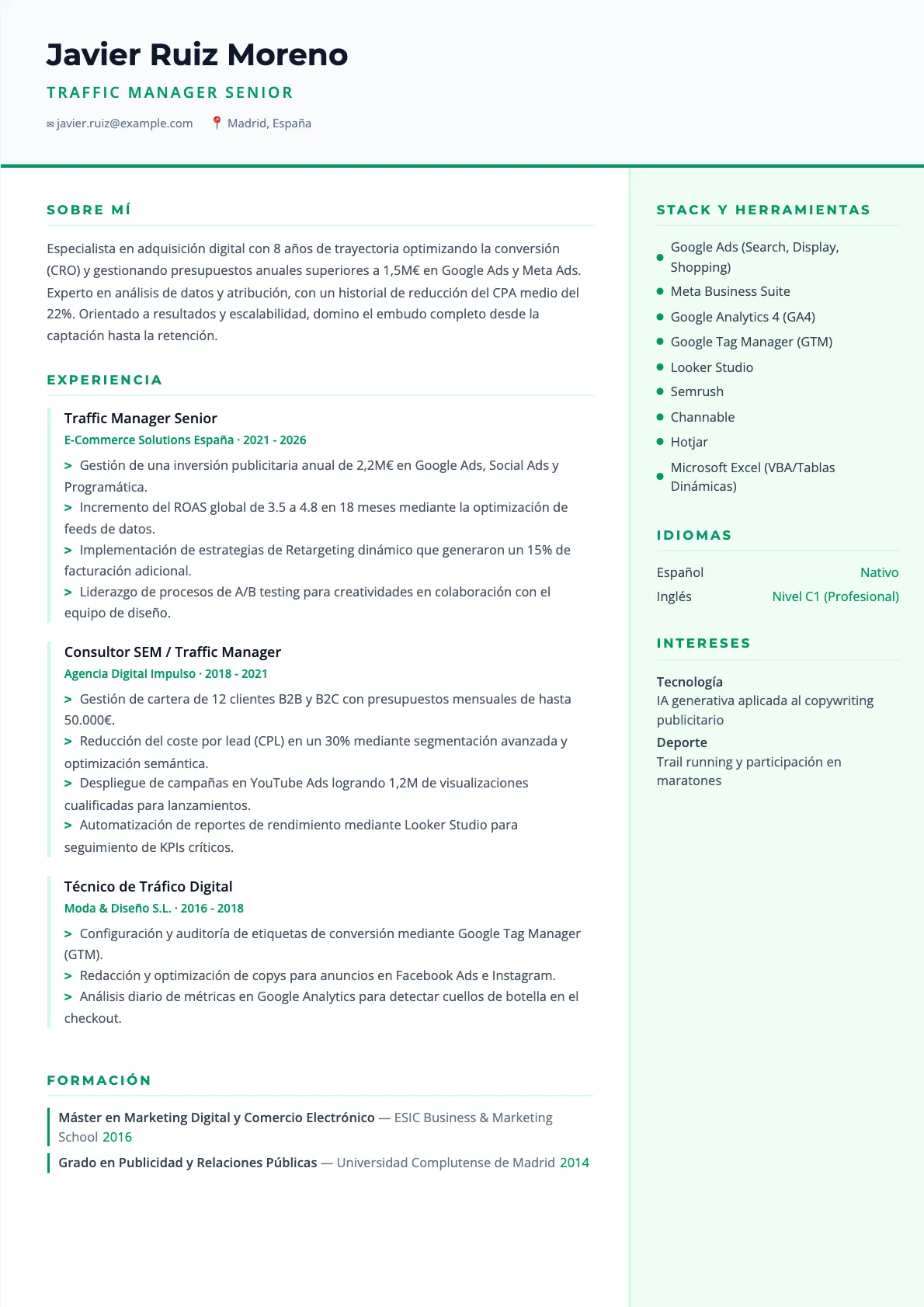 Ejemplo de CV de Traffic Manager 2026