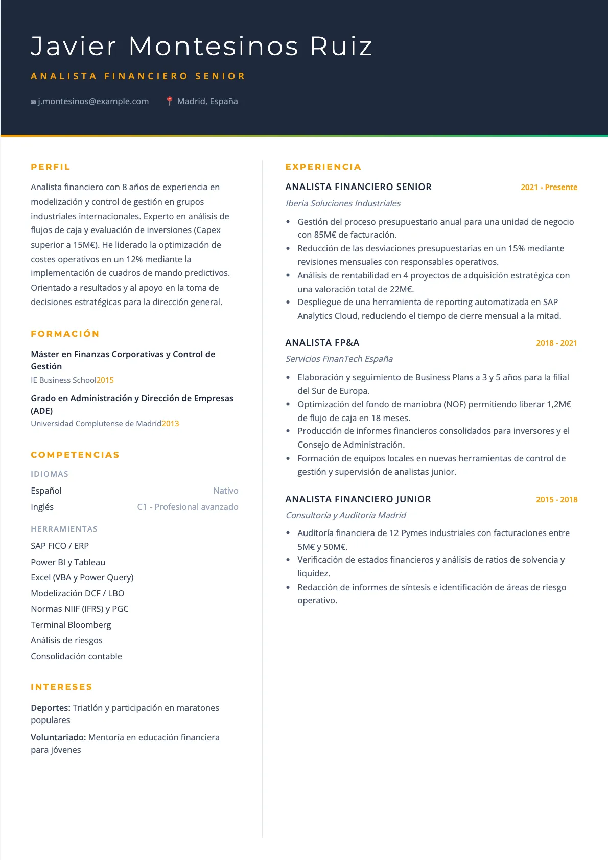 Ejemplo de CV de Analista Financiero 2026