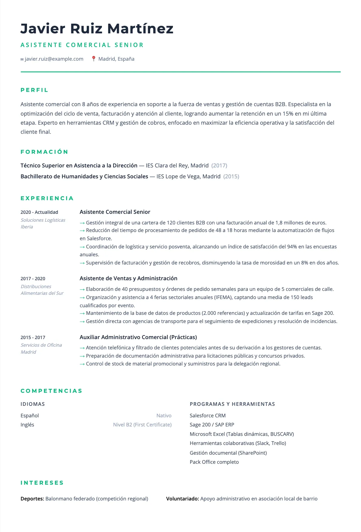 Ejemplo de CV de Asistente Comercial 2026