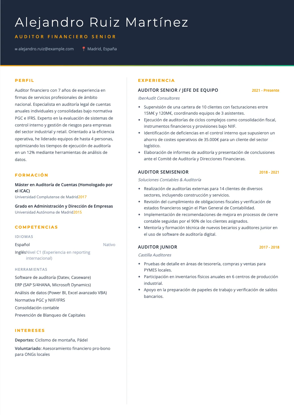 Ejemplo de CV de Auditor Financiero 2026