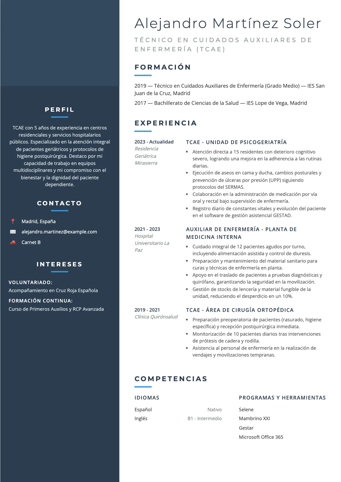 Ejemplo de CV de Auxiliar de Enfermería (TCAE) 2026