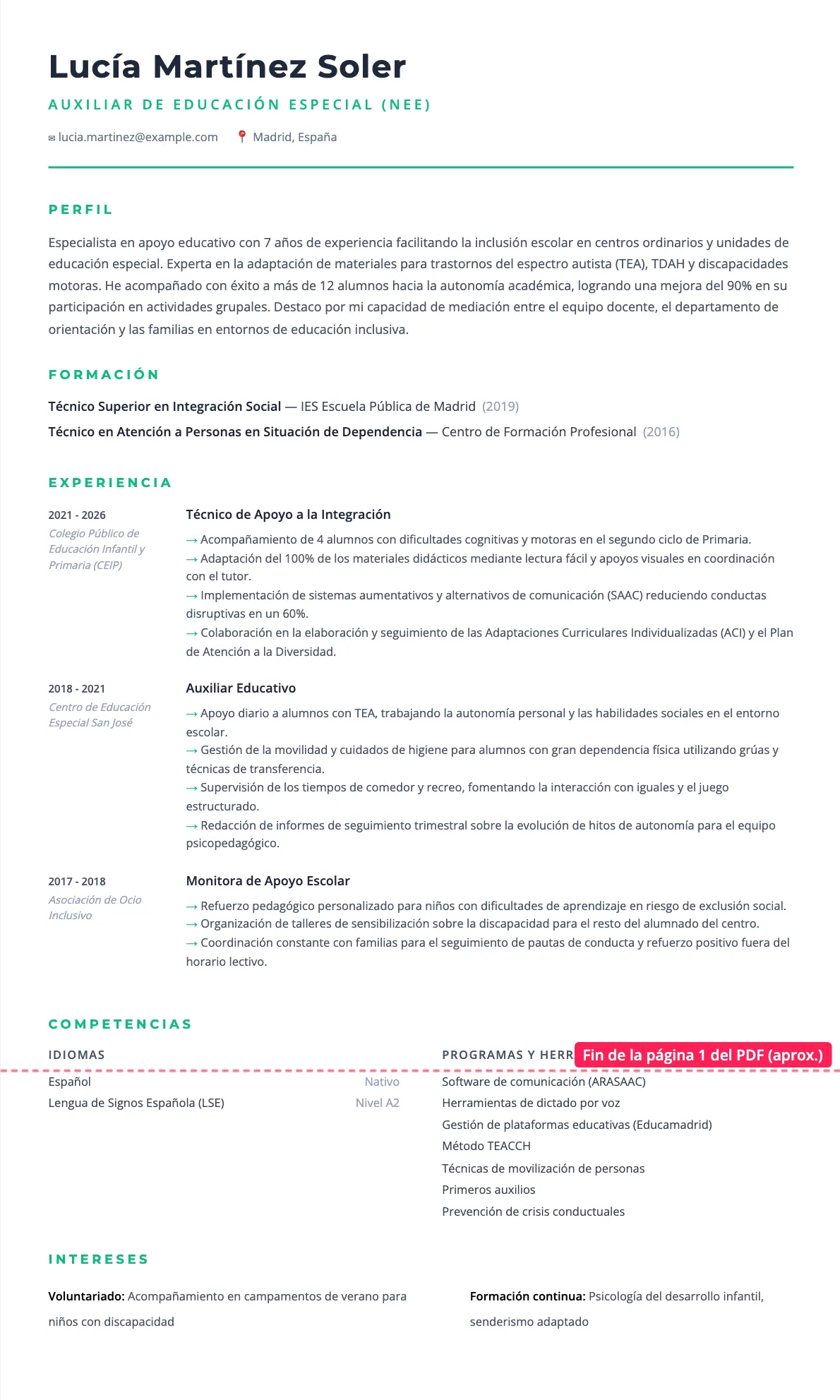 Ejemplo de CV de Auxiliar de Educación Especial 2026