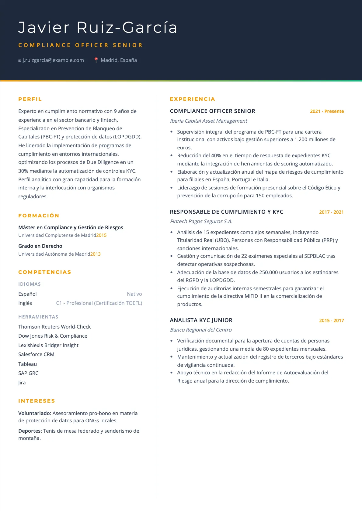 Ejemplo de CV para Compliance Officer en 2026