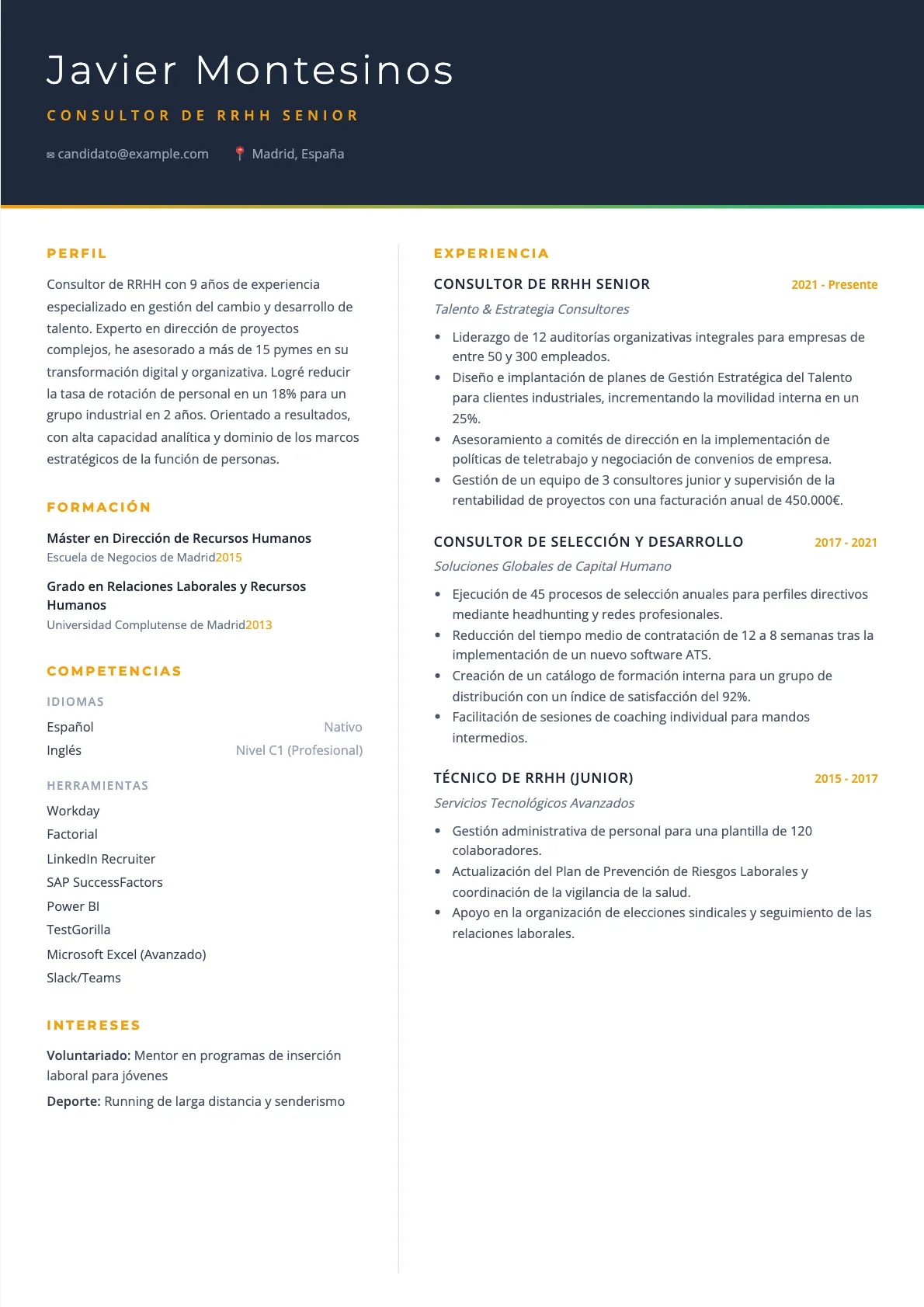Ejemplo de CV de Consultor de RRHH 2026