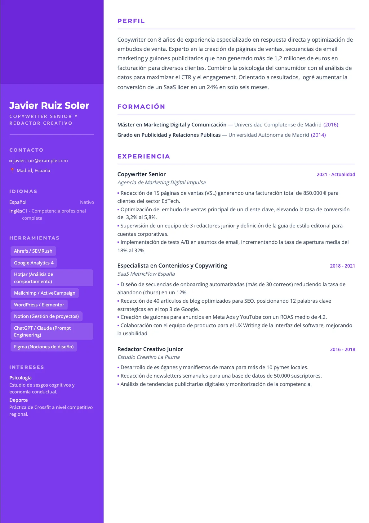 Ejemplo de CV de Copywriter 2026: Guía y Consejos de Expertos