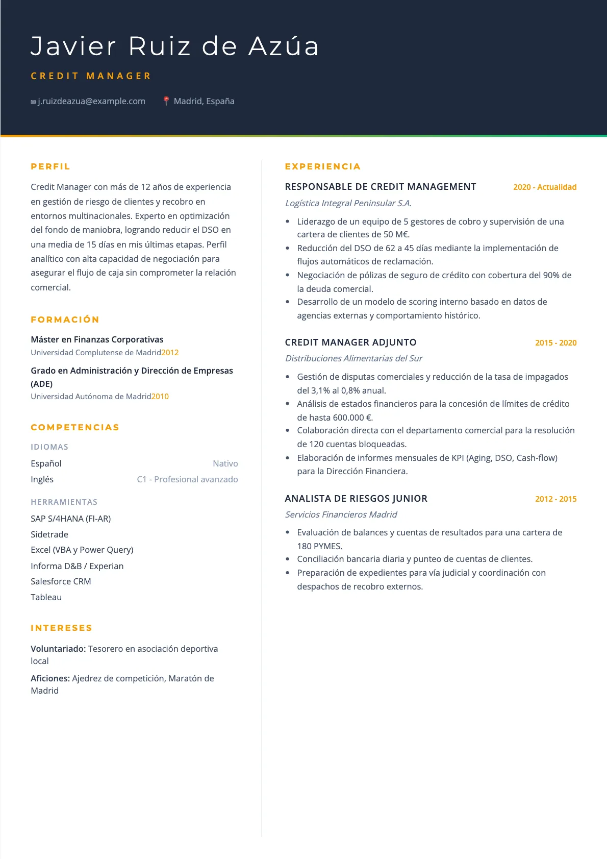 Ejemplo de CV de Credit Manager 2026
