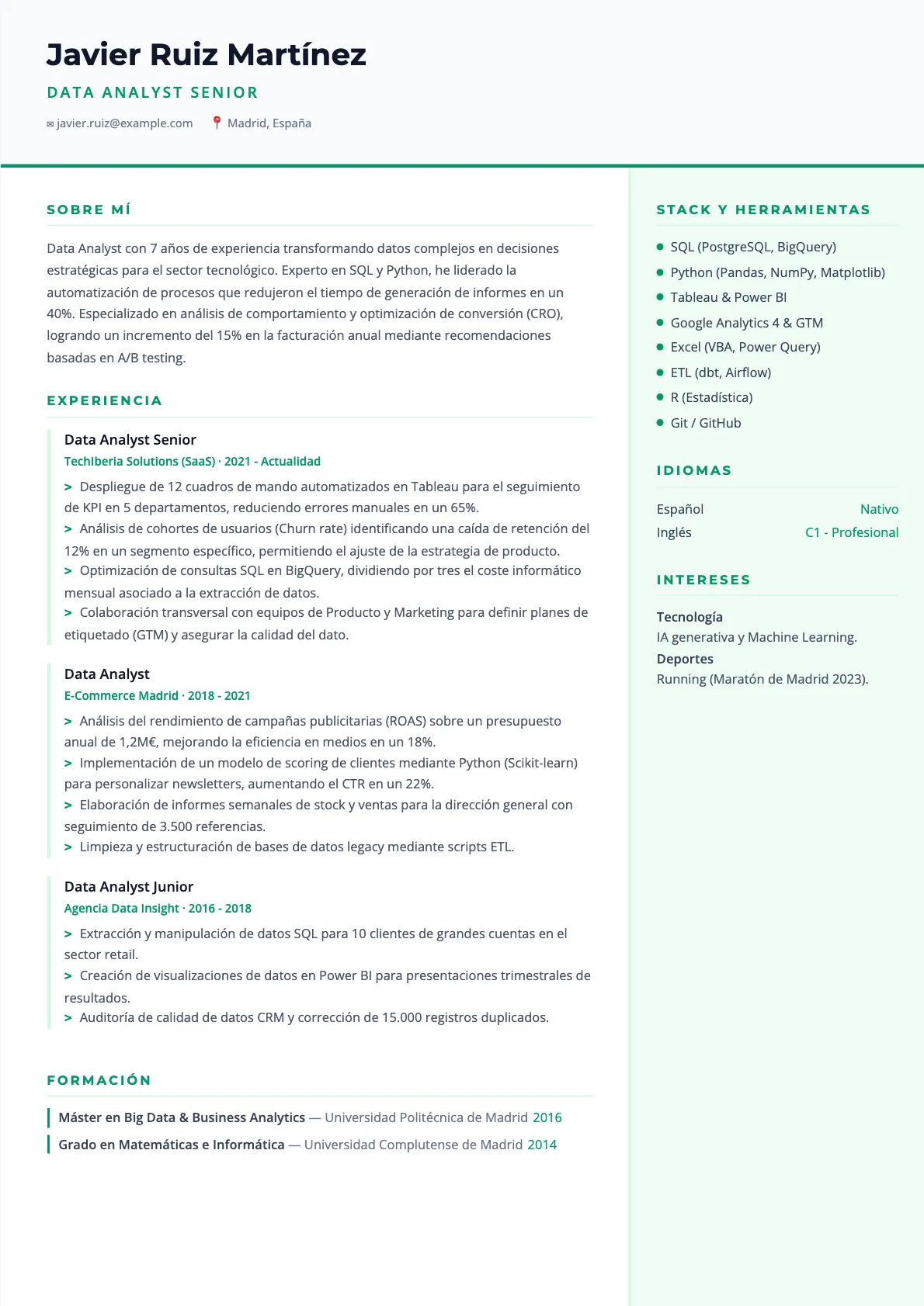 Ejemplo de CV de Data Analyst 2026