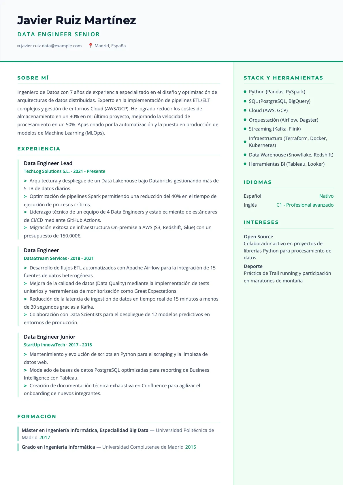 Ejemplo de CV de Data Engineer 2026