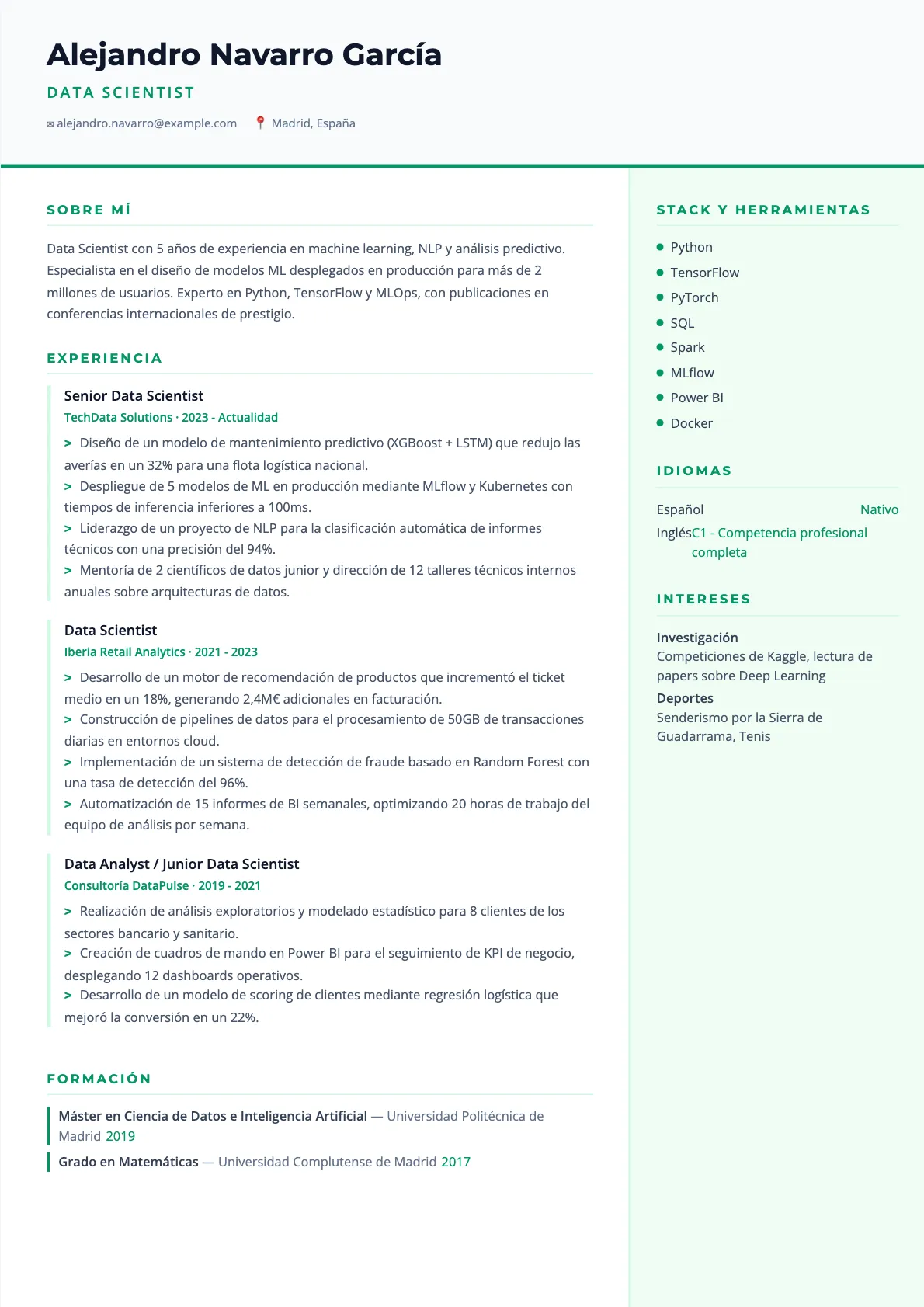 Ejemplo de CV de Data Scientist 2026