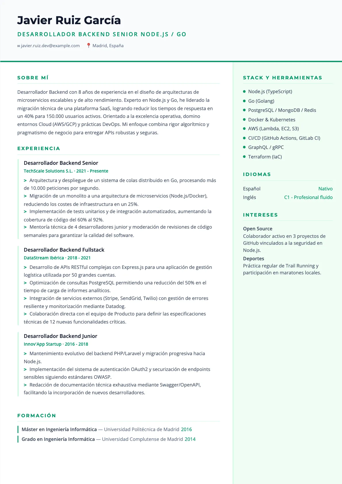 Ejemplo de CV de Desarrollador Backend 2026