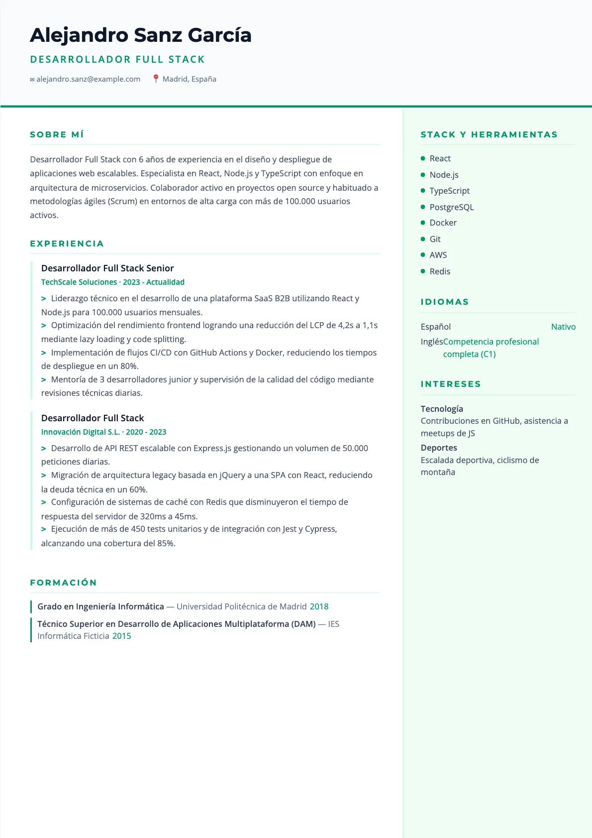 Ejemplo de CV de Desarrollador Full Stack 2026
